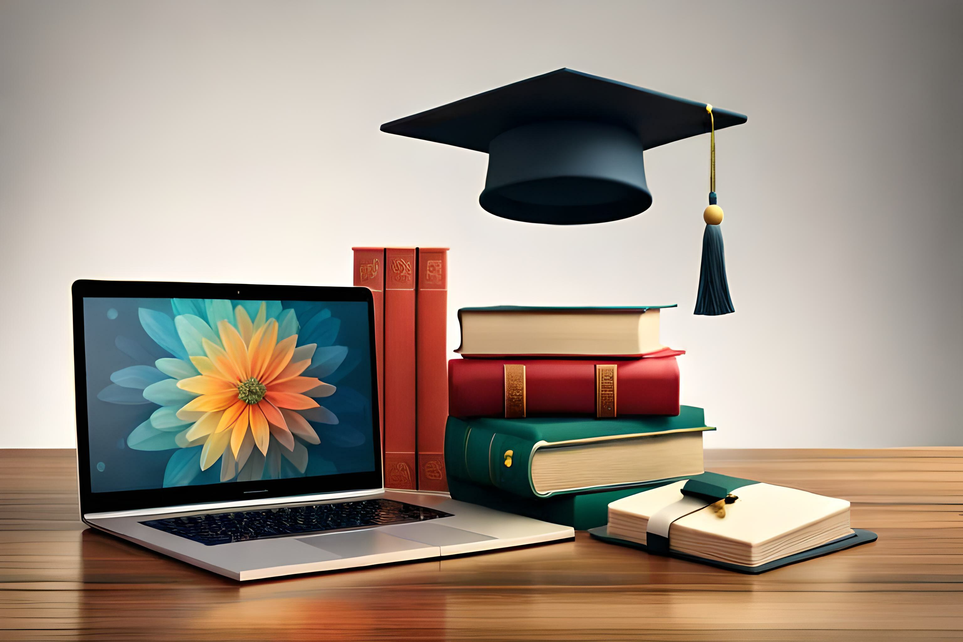 Laptop with graduation cap and stacked books representing K-12 support